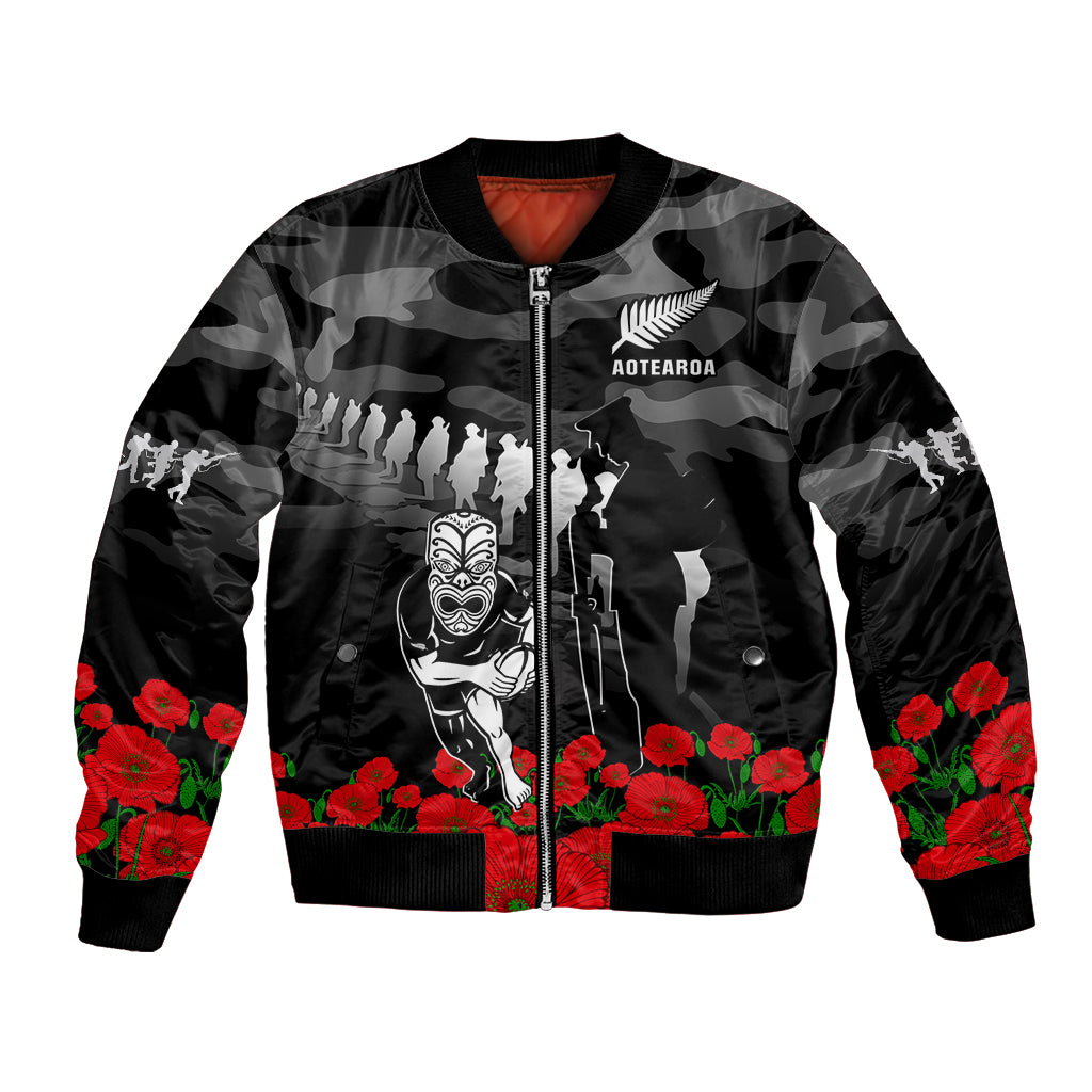 (Custom Text And Number) New Zealand ANZAC Rugby Bomber Jacket Silver Fern All Black Camouflage Mix Poppy LT14 Unisex Black - Polynesian Pride