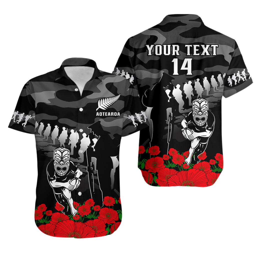 (Custom Text And Number) New Zealand ANZAC Rugby Hawaiian Shirt Silver Fern All Black Camouflage Mix Poppy LT14 Black - Polynesian Pride