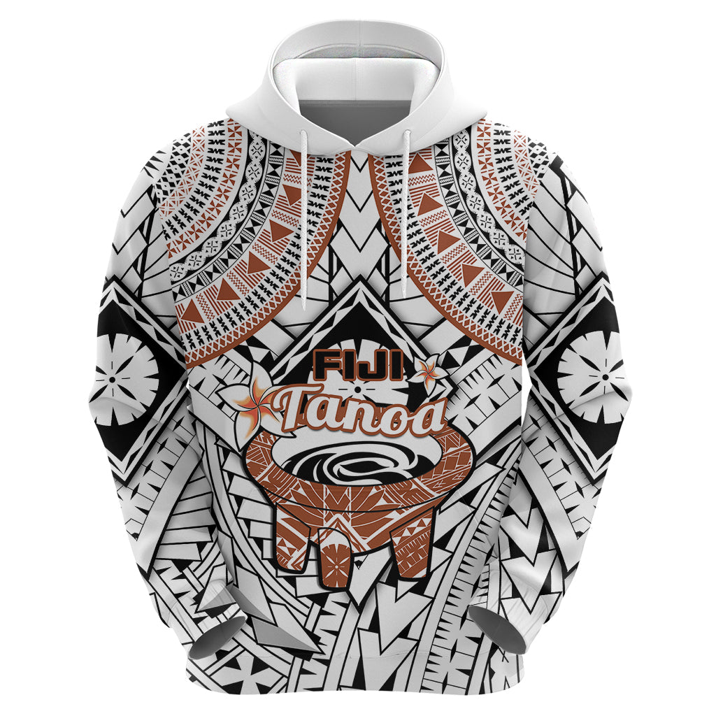 Fiji Tanoa Hoodie Kava Bowl Fijian Tapa Brown Pattern LT14 Zip Hoodie White - Polynesian Pride