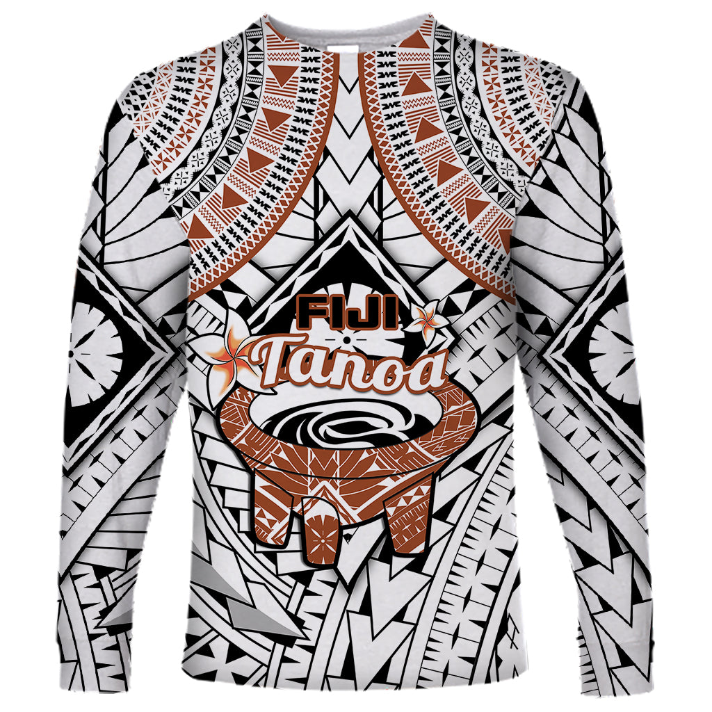 Fiji Tanoa Long Sleeve Shirt Kava Bowl Fijian Tapa Brown Pattern LT14 Unisex White - Polynesian Pride