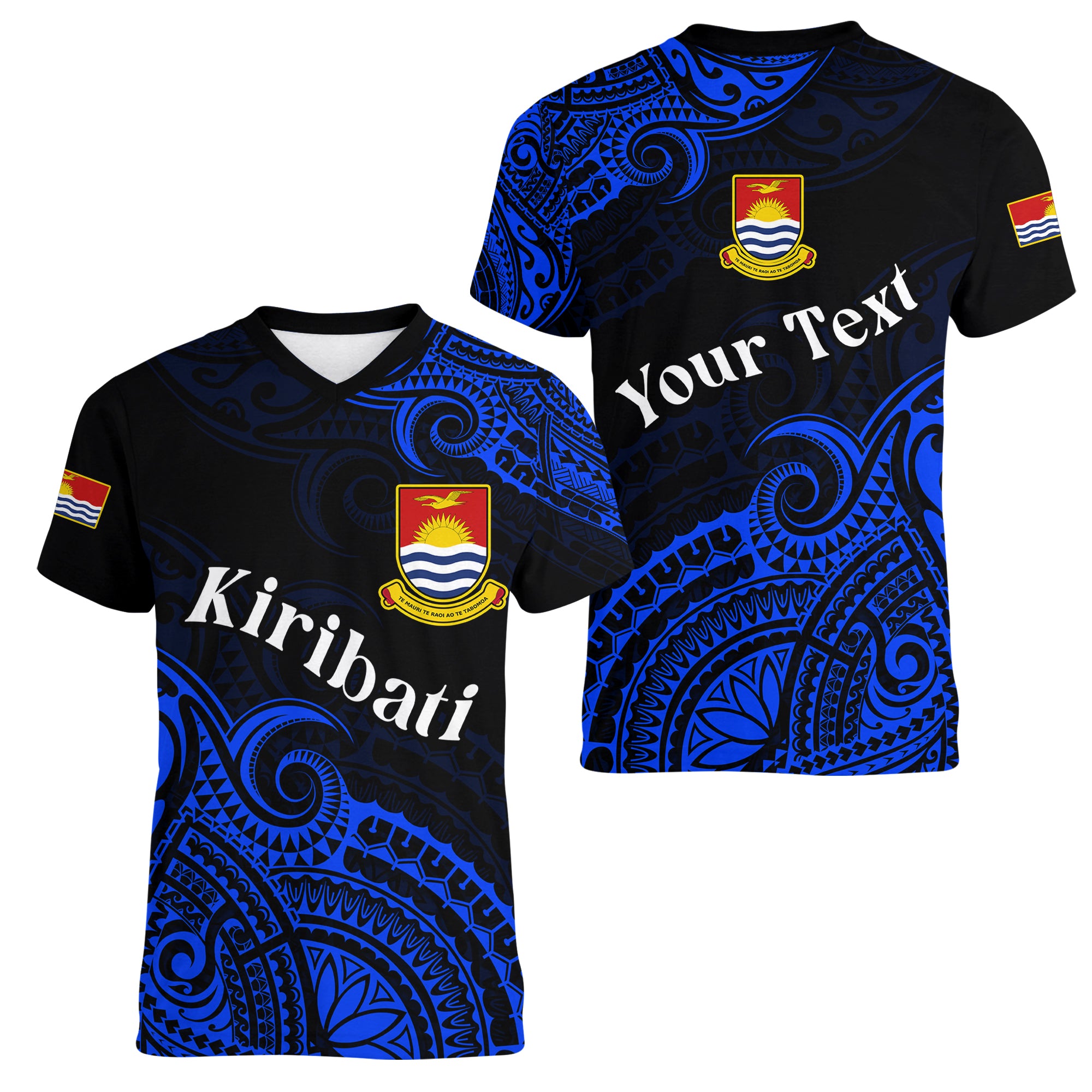 (Custom Personalised) Ribaberiki Kiribati Coat Of Arms Mix Blue Polynesian Women V Neck T Shirt LT14 Female Blue - Polynesian Pride