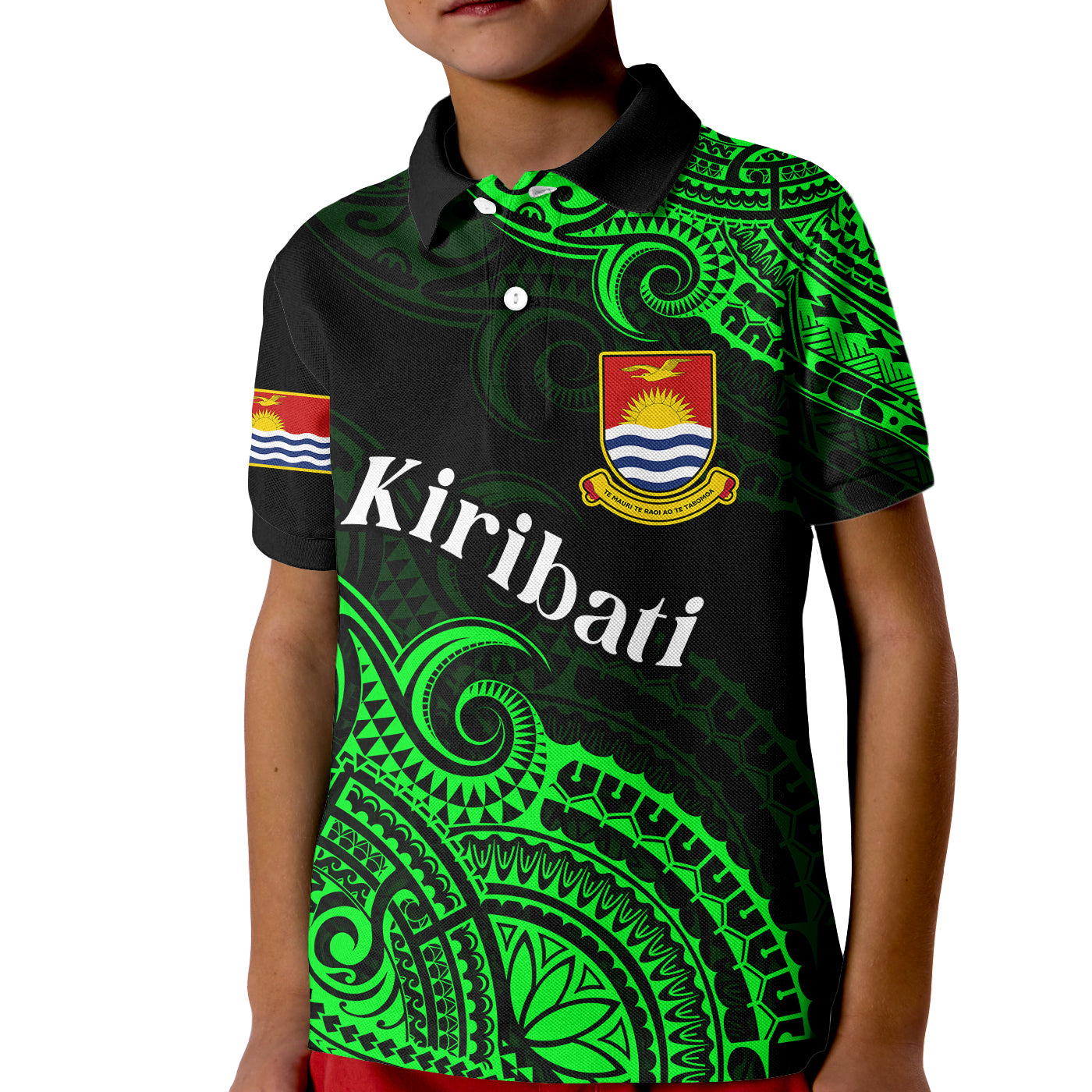 (Custom Personalised) Ribaberiki Kiribati Coat Of Arms Mix Green Polynesian Kid Polo Shirt LT14 Kid Green - Polynesian Pride