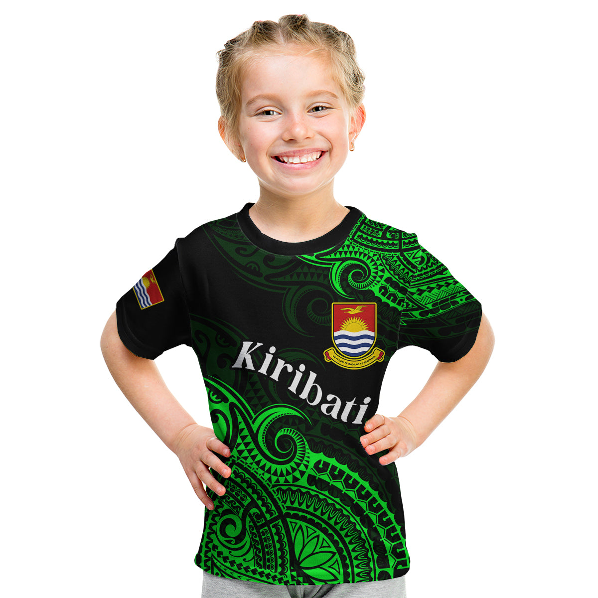 (Custom Personalised) Ribaberiki Kiribati Coat Of Arms Mix Green Polynesian Kid T Shirt LT14 - Polynesian Pride