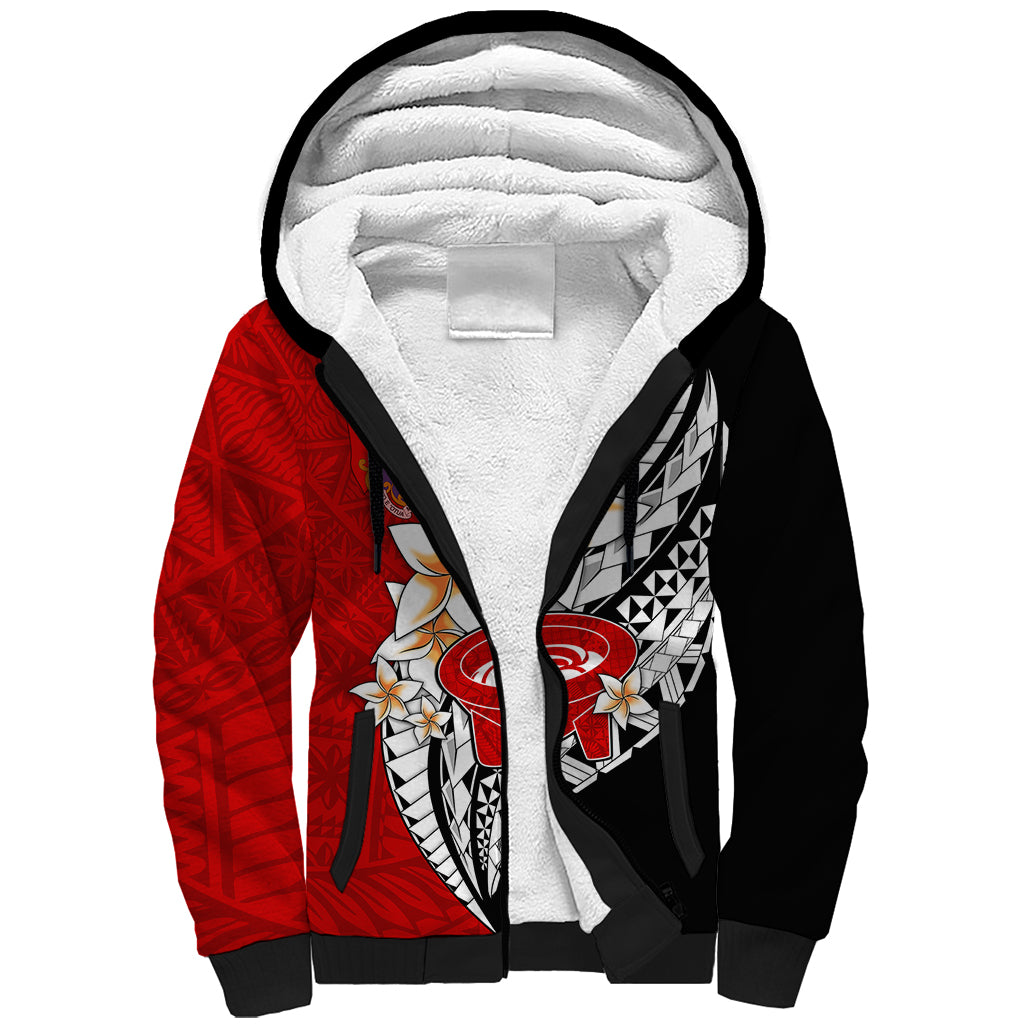 Tonga Kava Bowl Sherpa Hoodie Tongan Kupesi Ngatu Pattern Black LT14 Unisex Red - Polynesian Pride