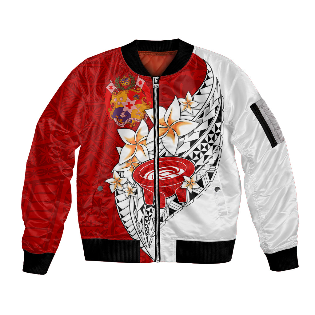 Tonga Kava Bowl Sleeve Zip Bomber Jacket Tongan Kupesi Ngatu Pattern White LT14 Unisex Red - Polynesian Pride