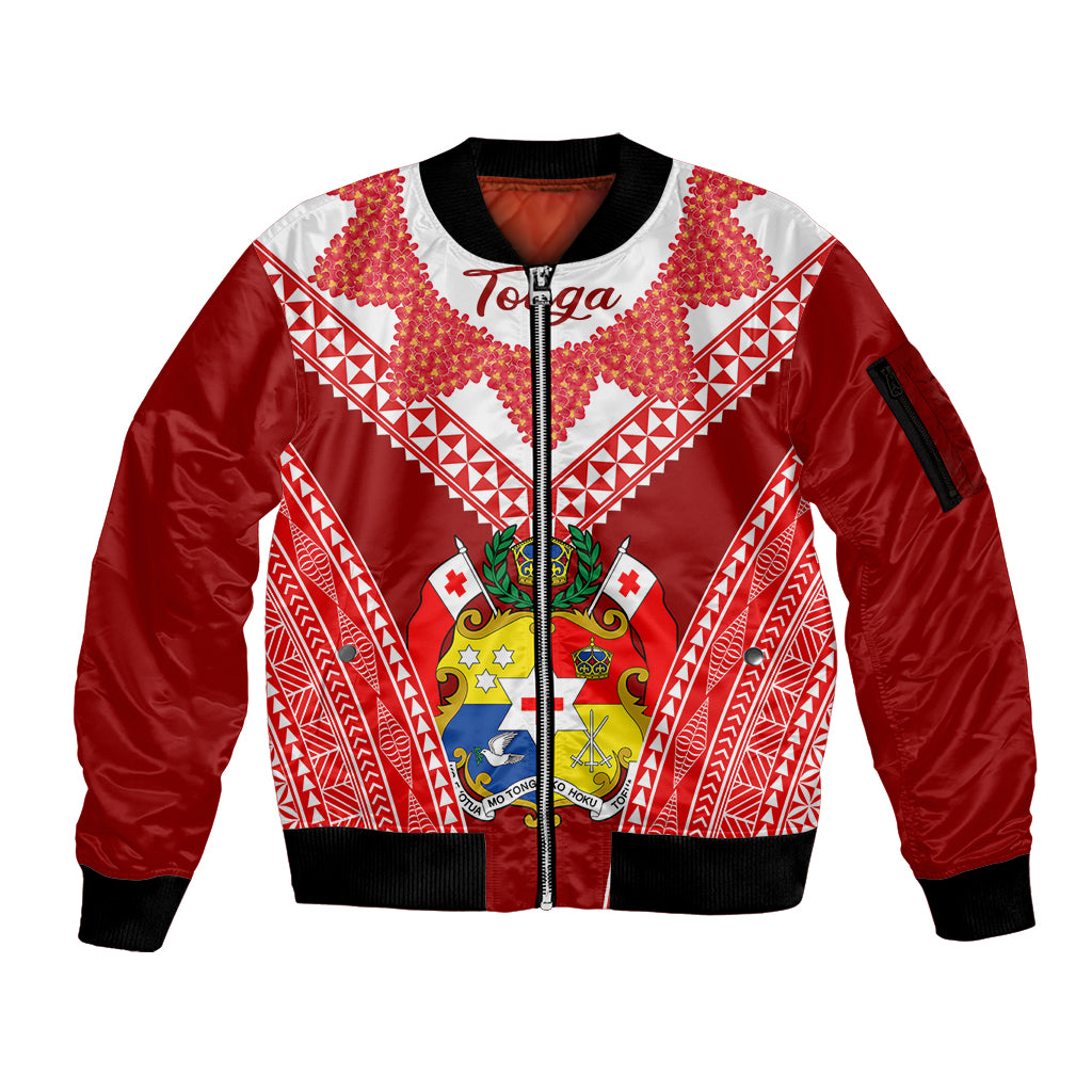 Tonga Heilala Flowers Sleeve Zip Bomber Jacket Tongan Ngatu White Special Verison LT14 Unisex Red - Polynesian Pride