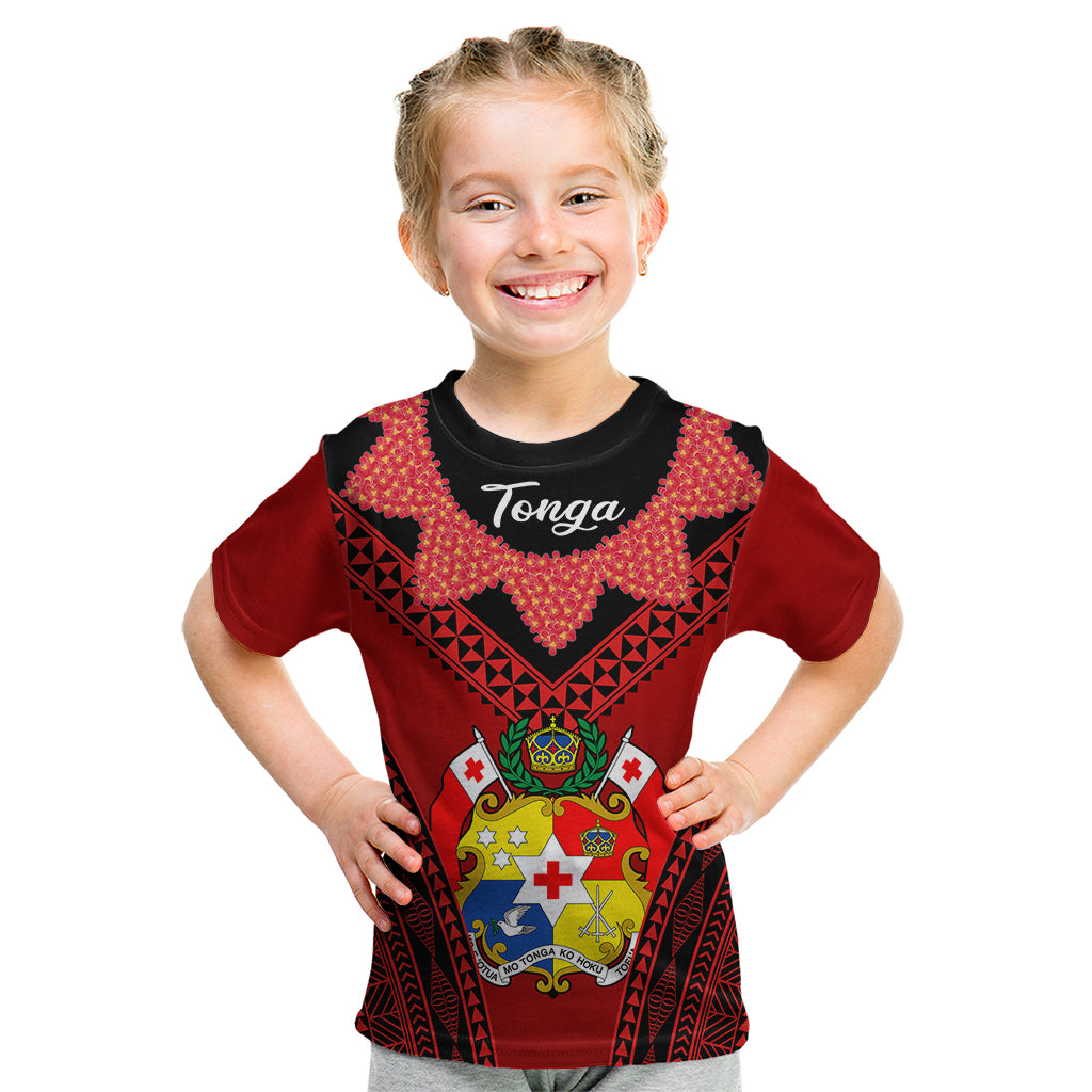 Tonga Heilala Flowers Kid T Shirt Tongan Ngatu Black Special Verison LT14 Red - Polynesian Pride
