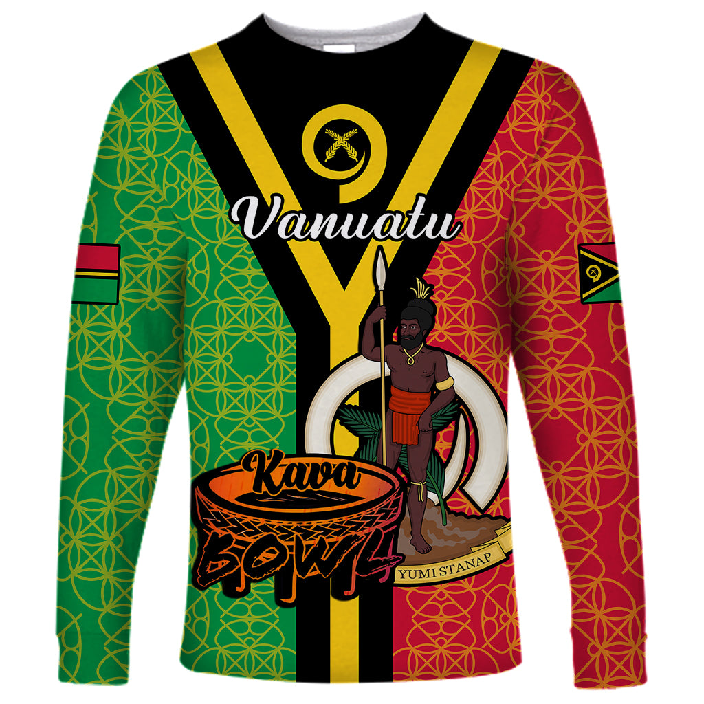 (Custom Personalised) Vanuatu Long Sleeve Shirt Kava Bowl Mix Sand Drawing Flag Style LT14 Unisex Black - Polynesian Pride