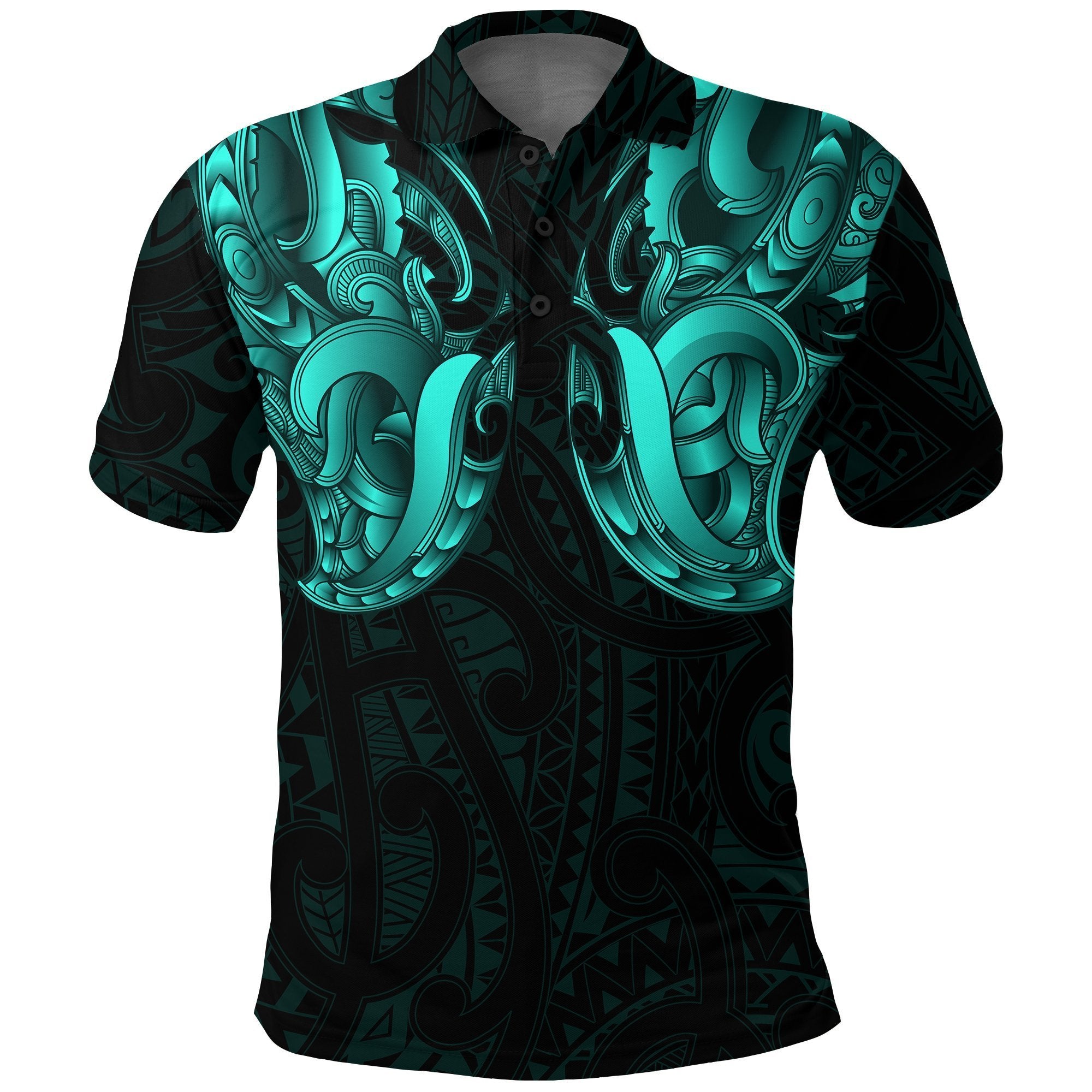 Maori Ta Moko Polo Shirt New Zealand Turquoise Unisex Black - Polynesian Pride
