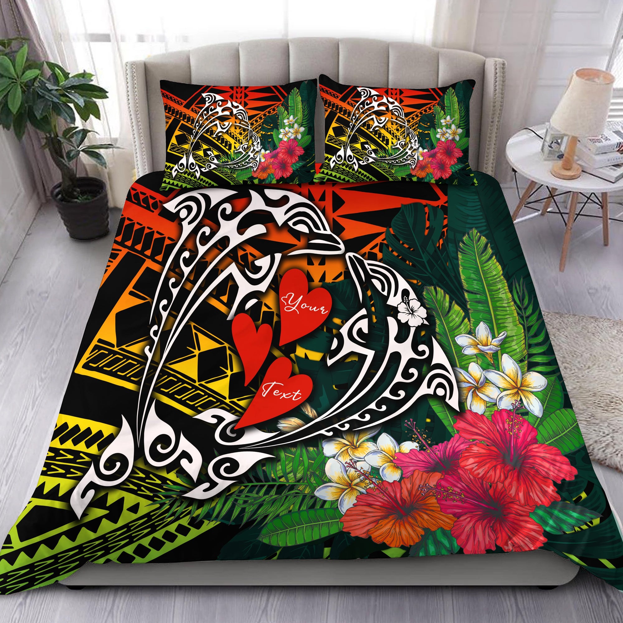 Hawaii Dophin Couple Love Polynesian Flower Bedding Set - AH Black - Polynesian Pride