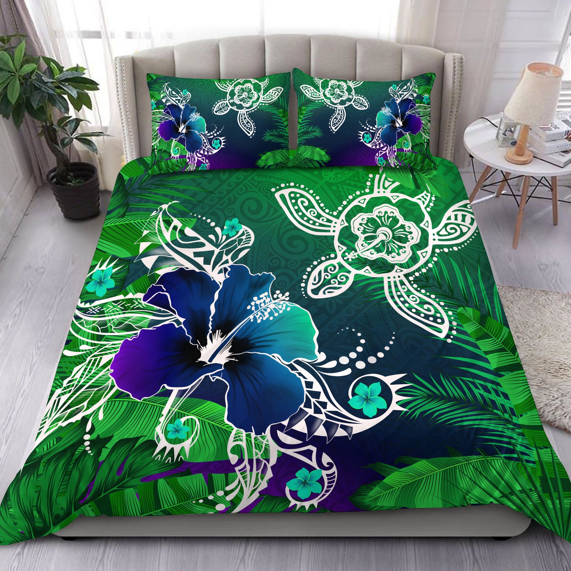 Hawaii Turtle Flowers And Palms Retro Bedding Set - Green - AH Green - Polynesian Pride