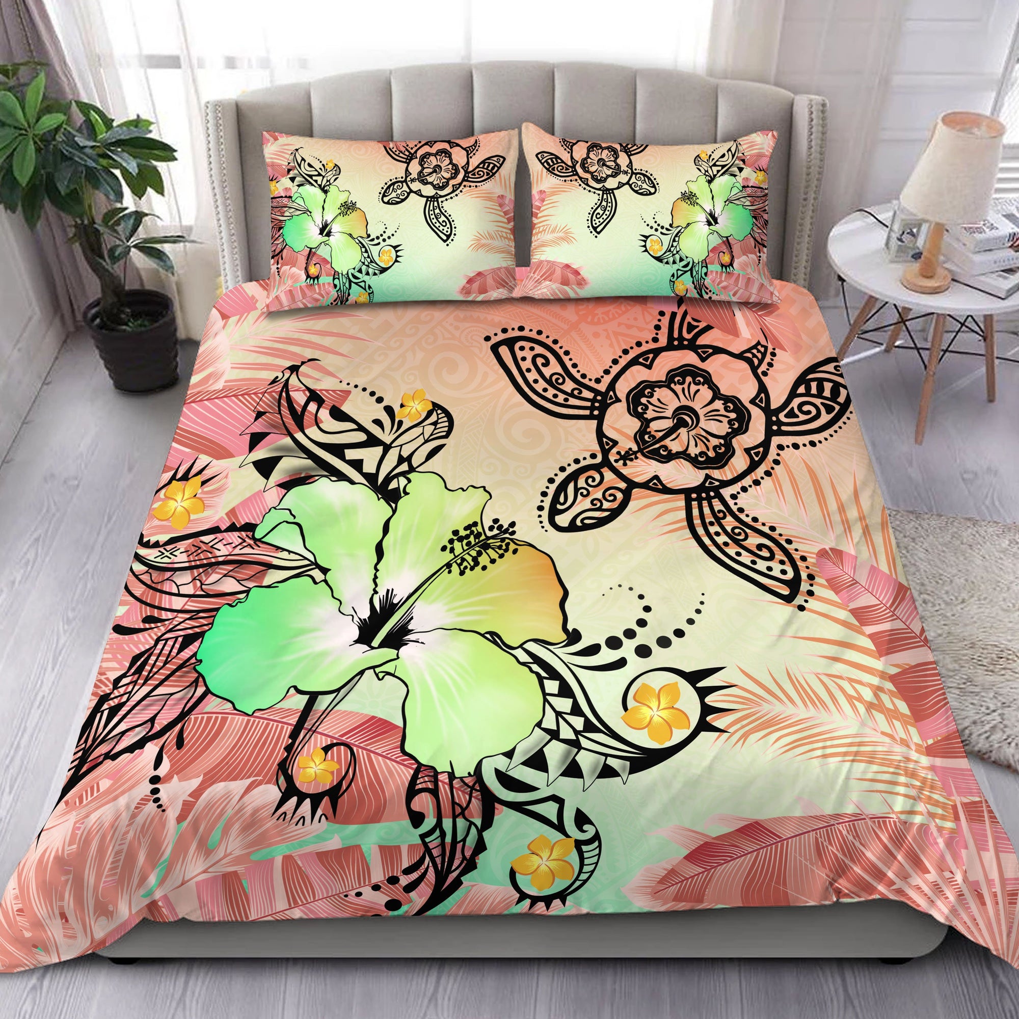 Hawaii Turtle Flowers And Palms Retro Bedding Set - Peach - AH Orange - Polynesian Pride