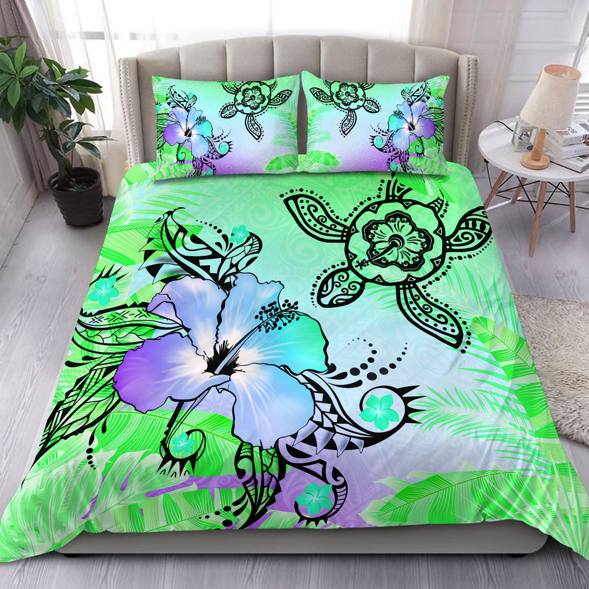 Hawaii Turtle Flowers And Palms Retro Bedding Set - Springgreen - AH Green - Polynesian Pride