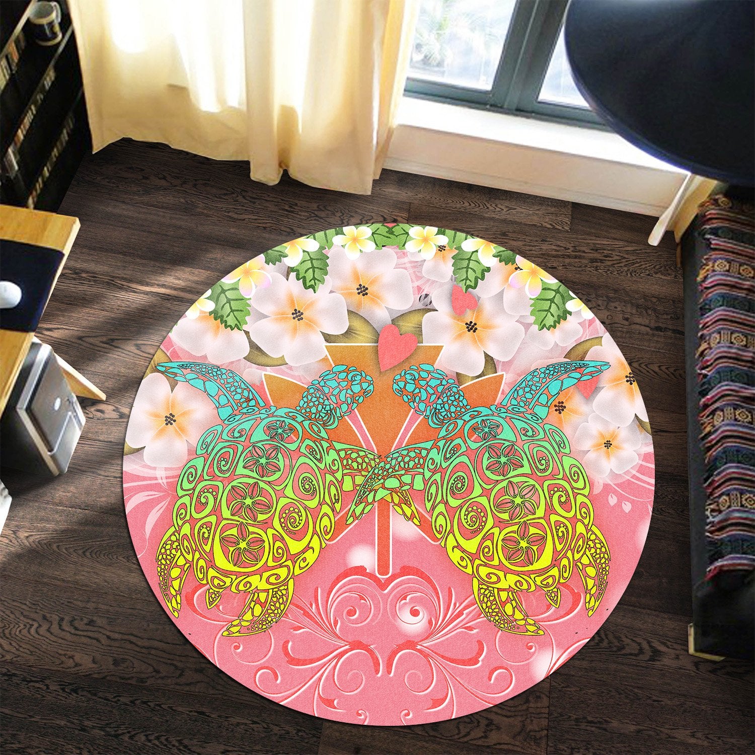 Hawaii Turtle Couple Plumeria Valentine Pattern Round Carpet - Bond Style - AH Round Carpet Pink - Polynesian Pride