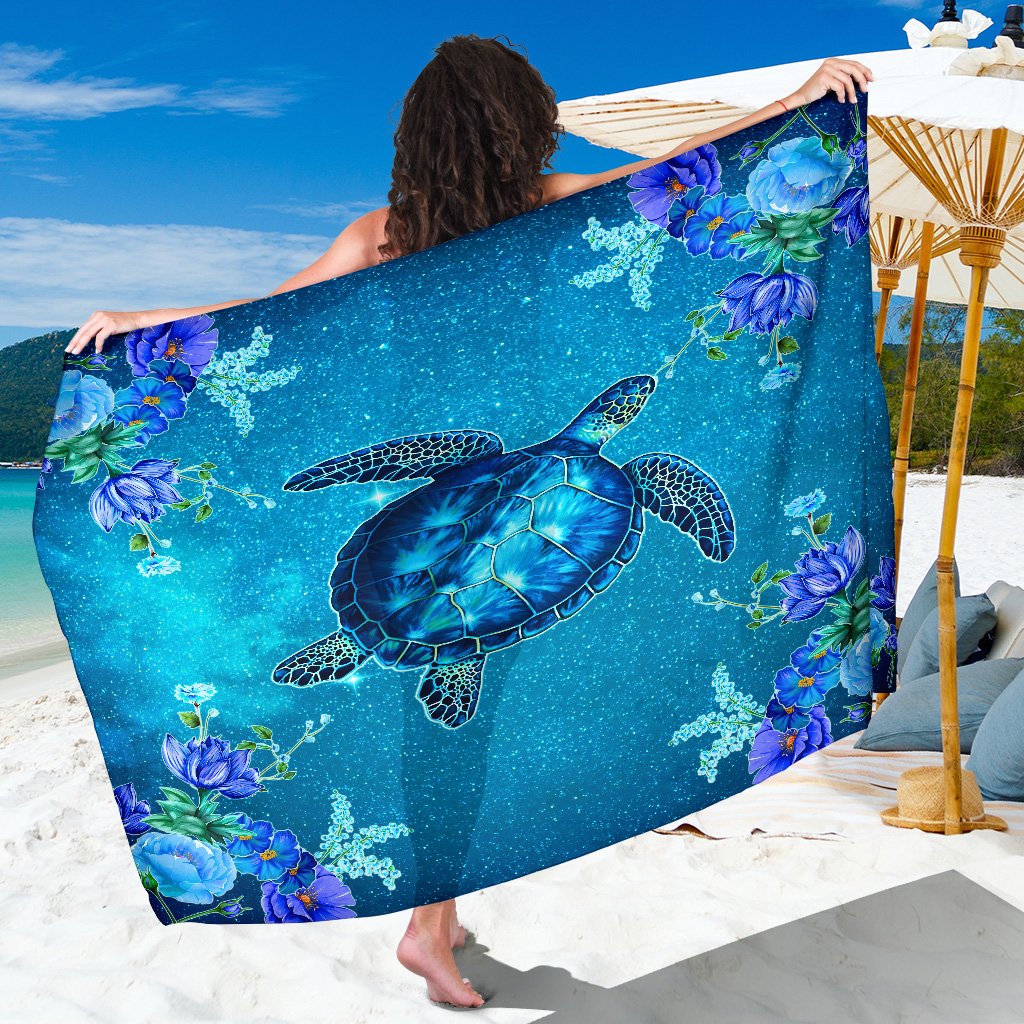 Hawaii Blue Turtle Flower Sarong - Ocean Secret - AH Sarong One Size Blue - Polynesian Pride