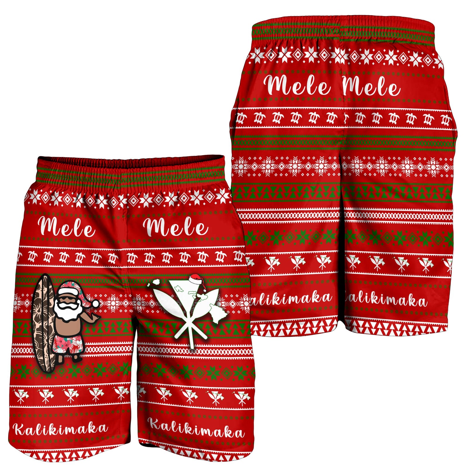 Hawaii Christmas Santa Claus Surf Men's Shorts - Fun Style Red - Polynesian Pride