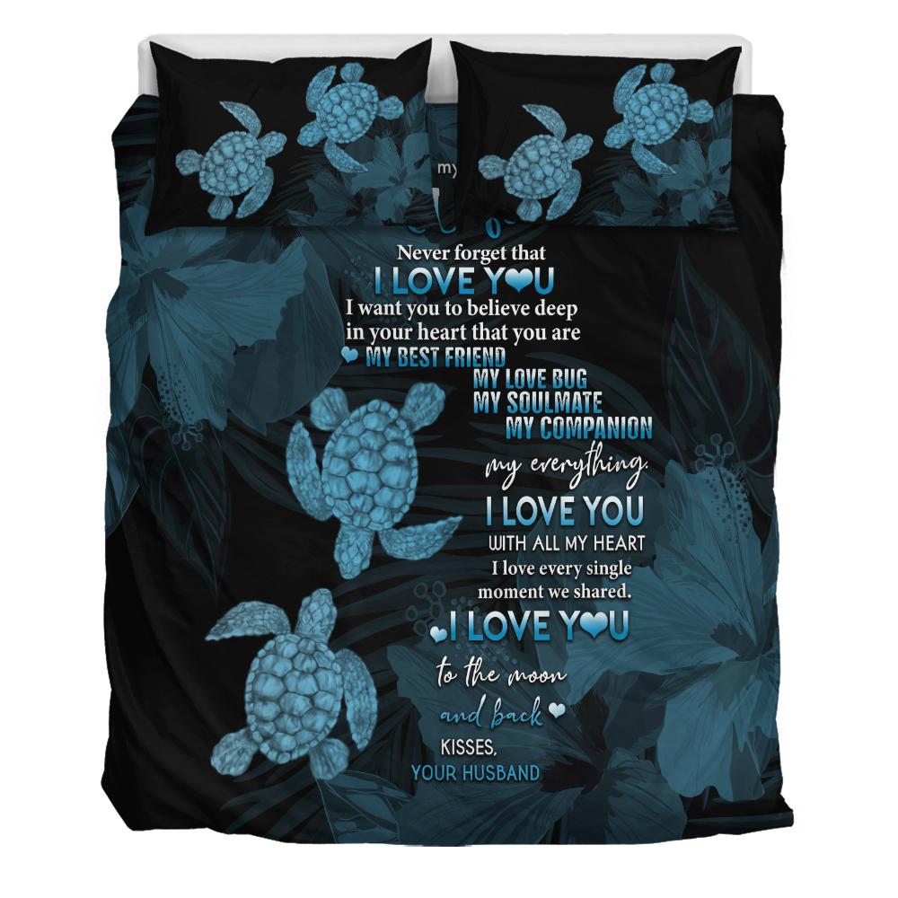 Hawaii Turtle Bedding Set Hibiscus To My Wife Blue AH Blue - Polynesian Pride