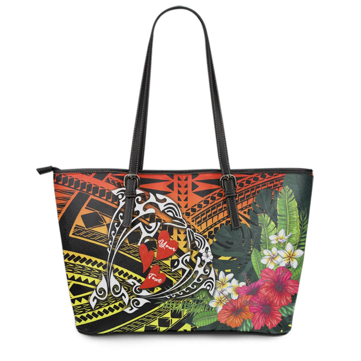 Hawaii Dophin Couple Love Polynesian Flower Leather Tote - AH Black - Polynesian Pride