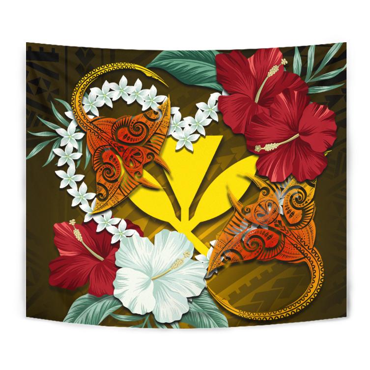 Kanaka Manta Ray Plumeria Heart Polynesian Tapestry - Sea Flower - AH Wall Tapestry Black - Polynesian Pride