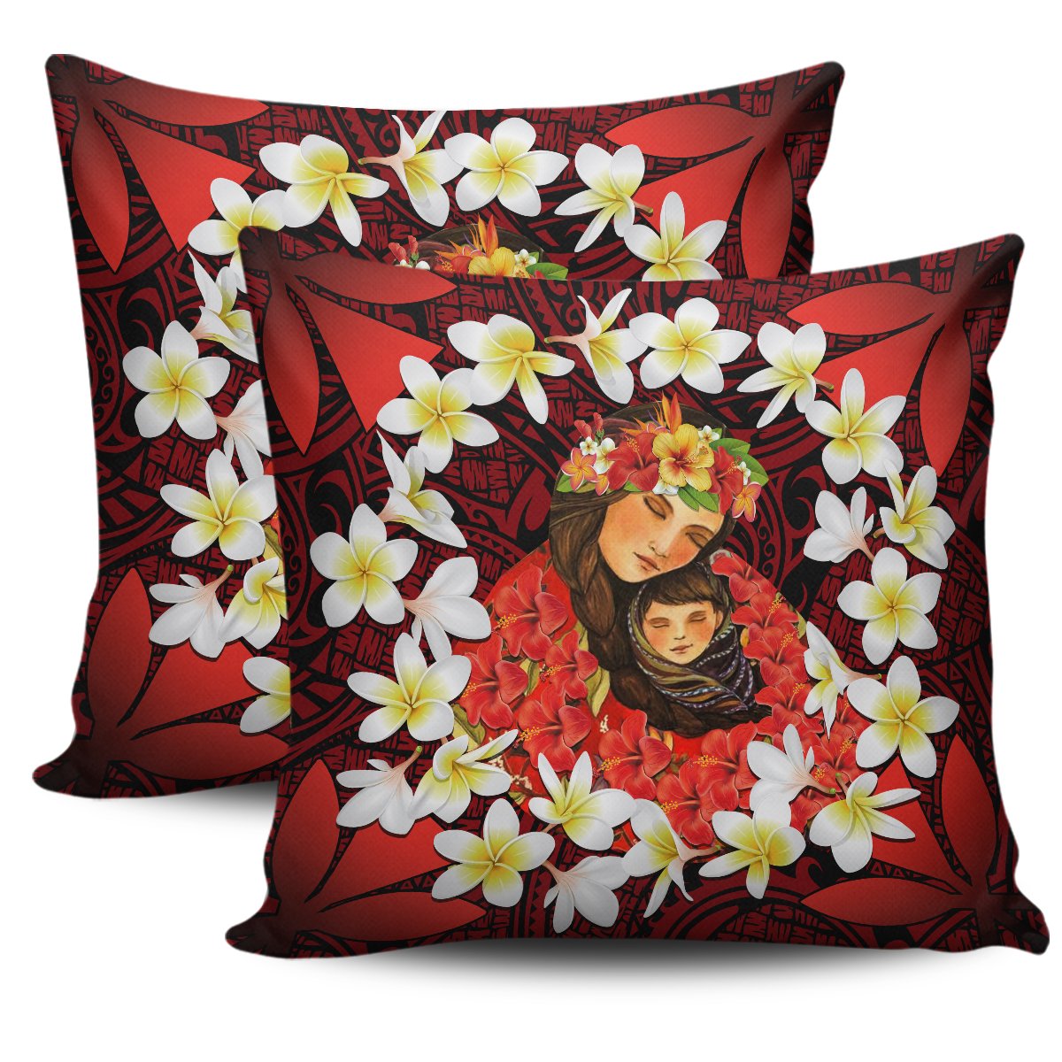 Kanaka Mother And Child Plumeria Leis Polynesian Pillow Cover - Warm Heart - AH One Size Red - Polynesian Pride