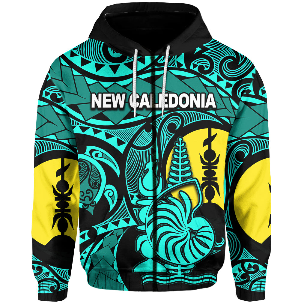 Custom New Caledonia Zip Hoodie Turquoise Color LT6 Unisex Green - Polynesian Pride