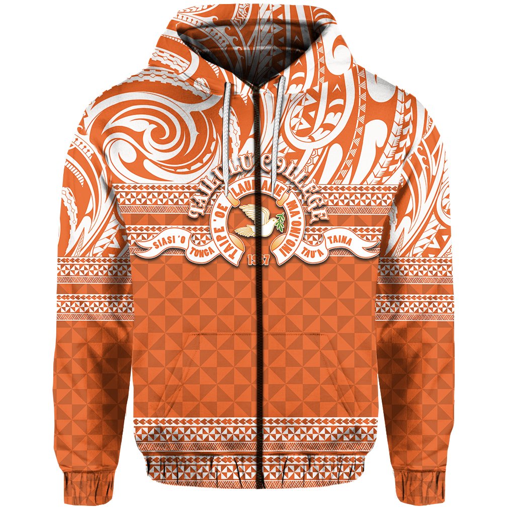 Tailulu College Zip Hoodie Tonga Patterns Unisex Orange - Polynesian Pride