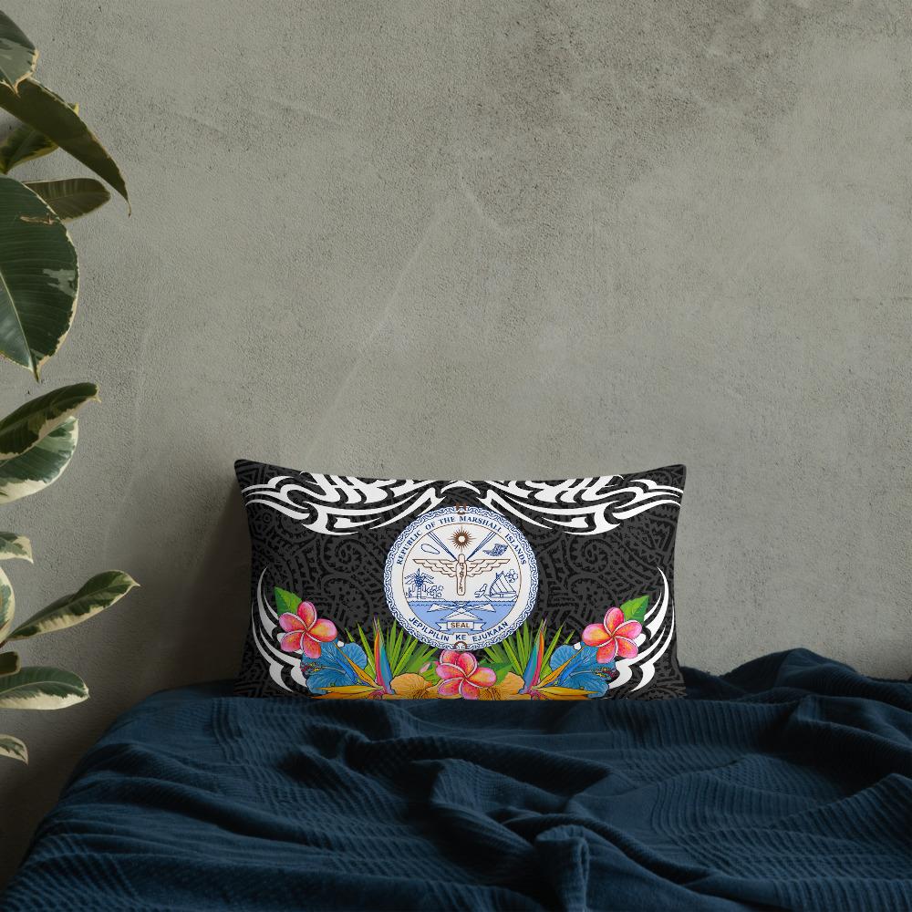 Marshall Islands Pillow - Coat Of Arms With Tropical Flowers 20×12 Black Pillow - Polynesian Pride