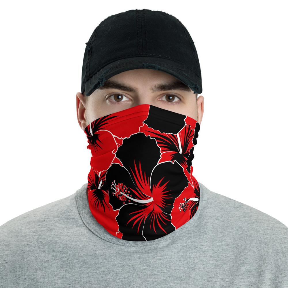 Hawaiian Bandana Hibiscus Red Black Unisex Neck Gaiter One Size Black - Polynesian Pride