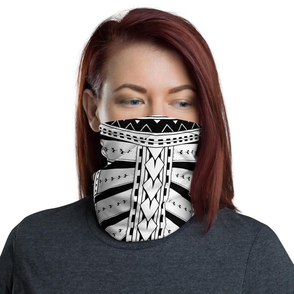 Hawaiian Bandana Hard Tatau White Unisex Neck Gaiter One Size Black - Polynesian Pride