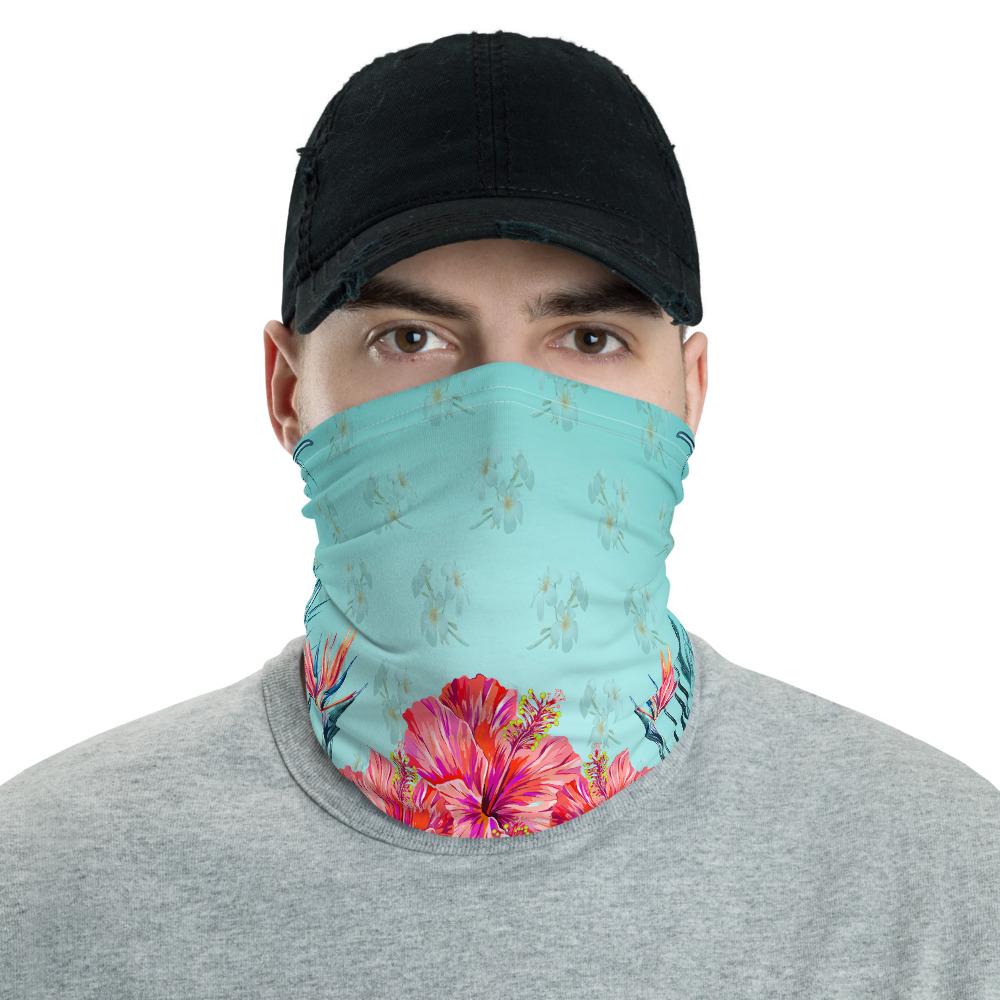 Hawaiian Bandana - Flower Hibicus Plumeria Centre Neck Gaiter Black One Size - Polynesian Pride