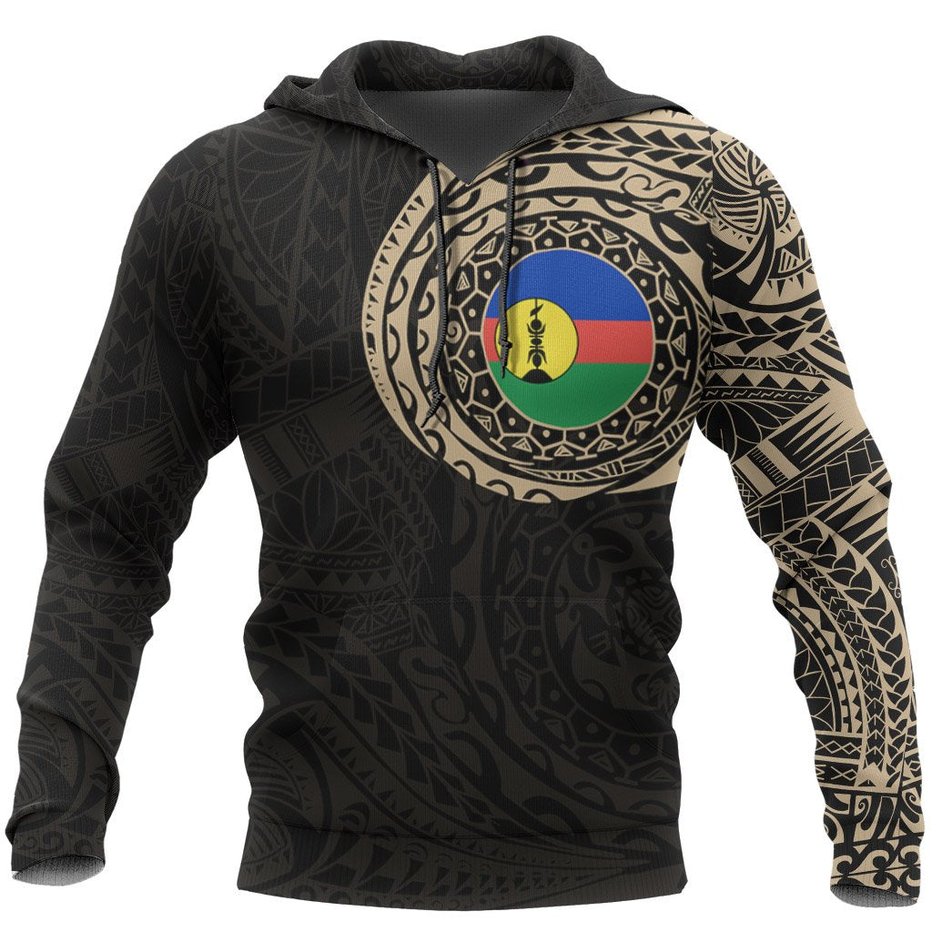 New Caledonia Hoodie - New Caledonia Flag Polynesian Tattoo Style Black & GOLD - Polynesian Pride