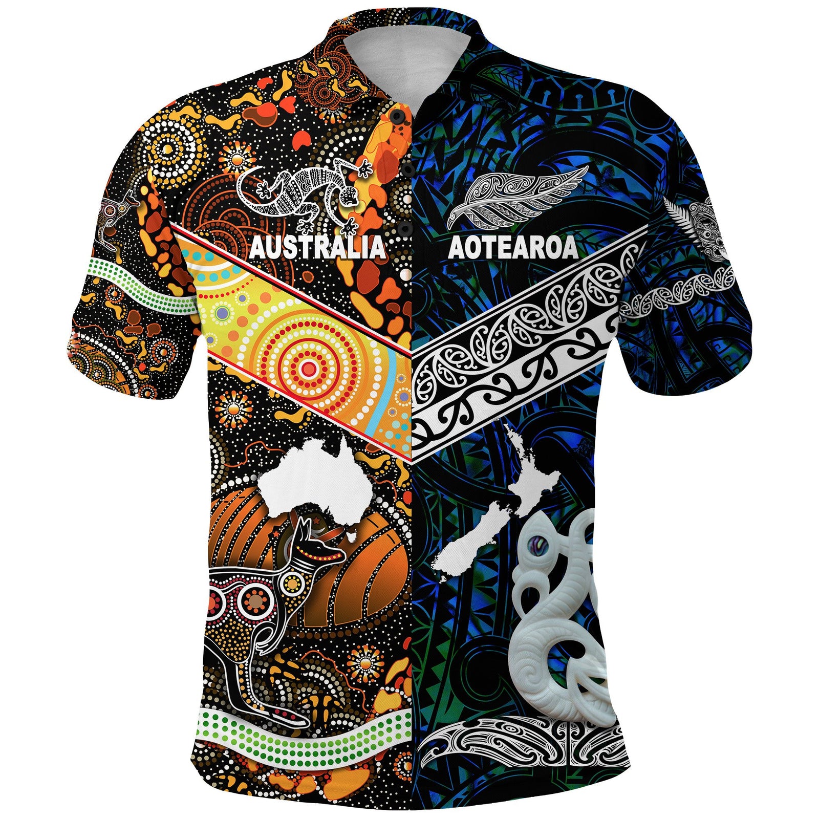 New Zealand Australia Polo Shirt Maori and Aboriginal Together Blue LT8 Black - Polynesian Pride