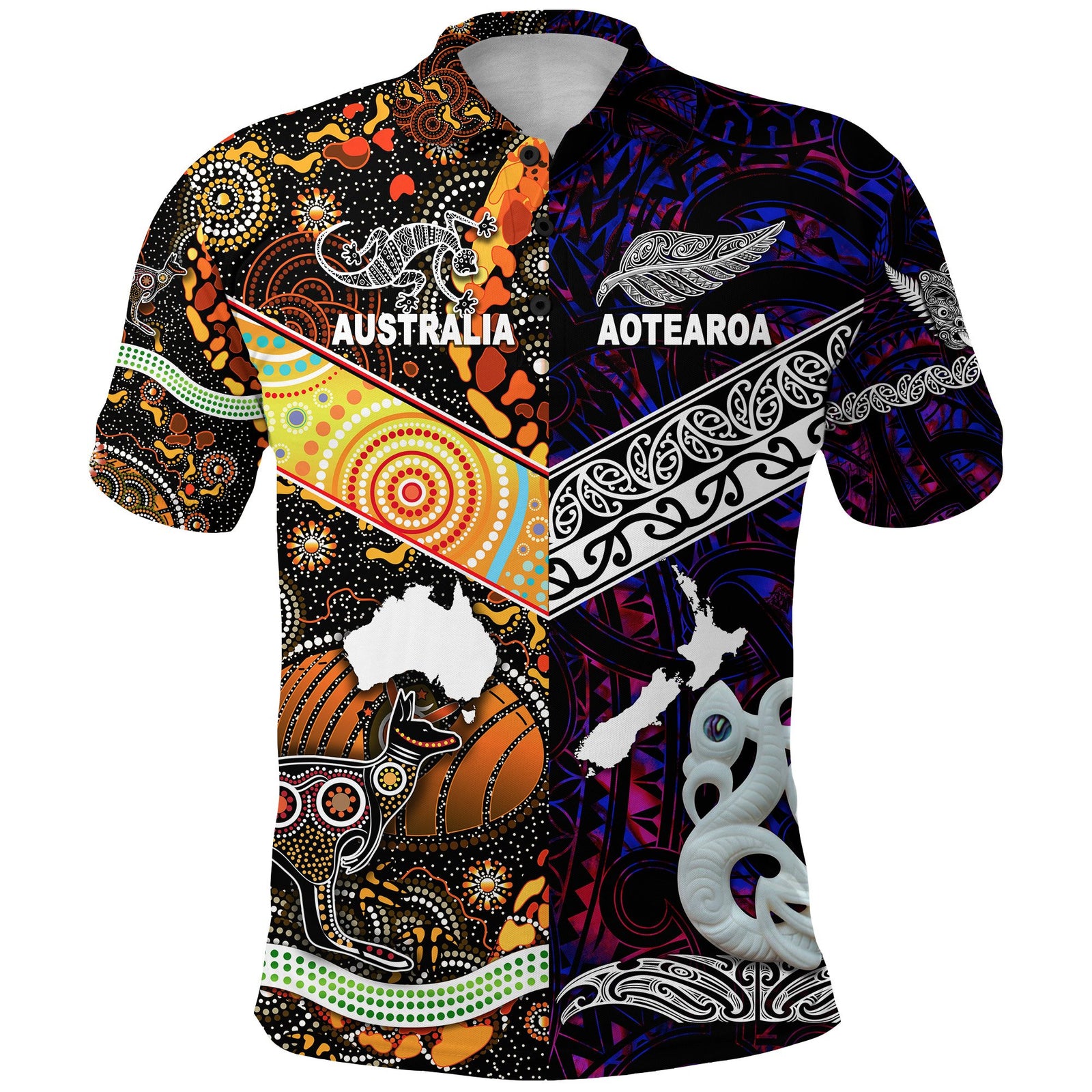 New Zealand Australia Polo Shirt - Maori and Aboriginal Together Purple LT8 - Polynesian Pride