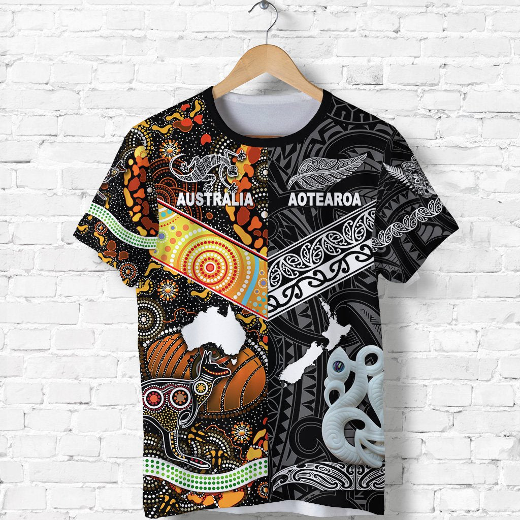 New Zealand Maori Aotearoa And Australia Aboriginal T Shirt Together Black LT8 - Polynesian Pride