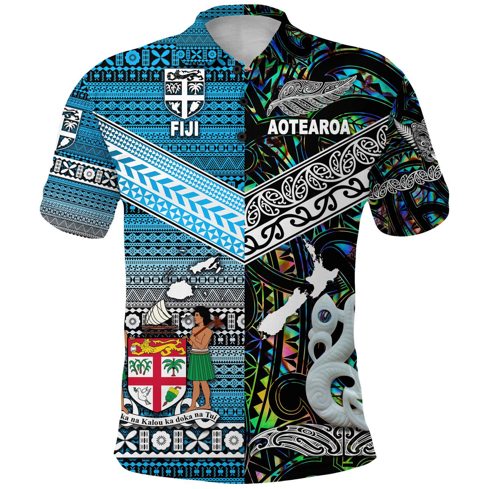 New Zealand Fiji Polo Shirt Maori and Tapa Together Paua Shell LT8 - Polynesian Pride