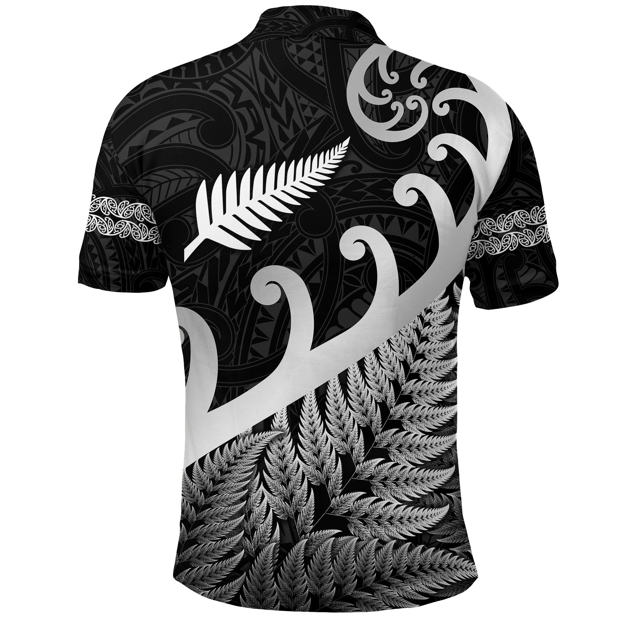 New Zealand Rugby Maori Polo Shirt - Silver Fern Koru Vibes Black LT8 - Polynesian Pride