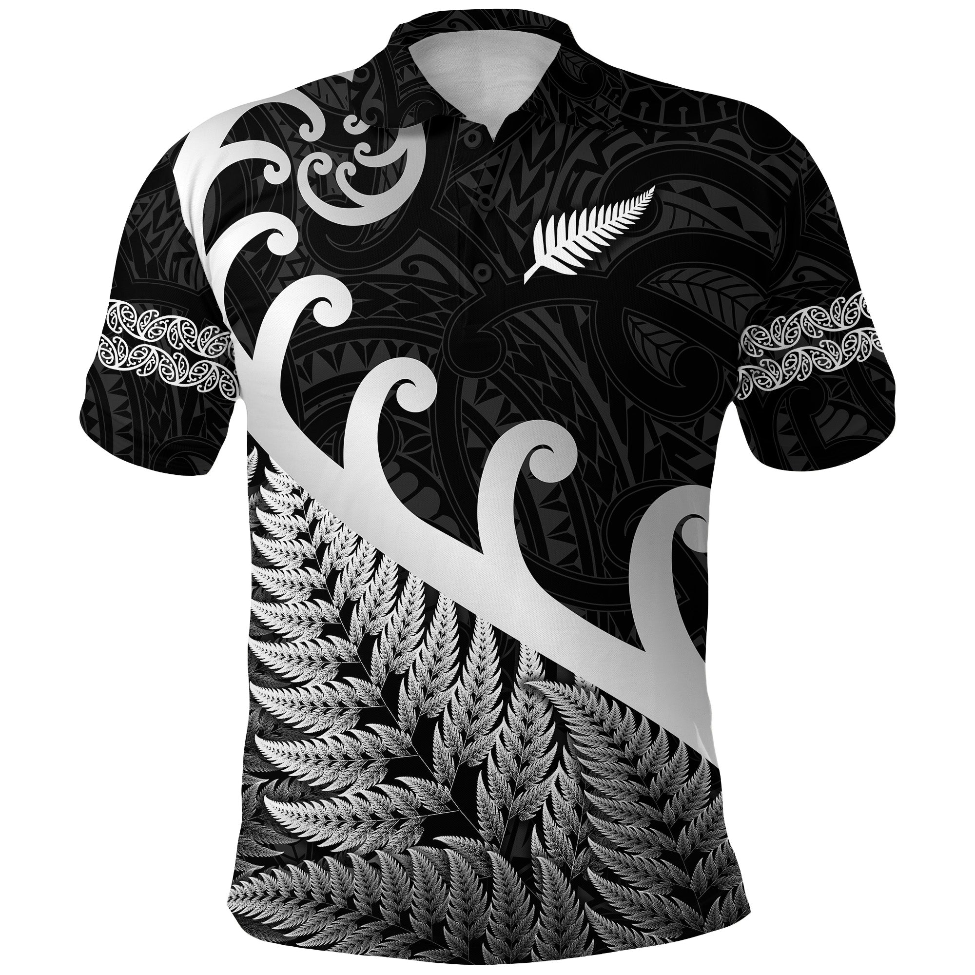 New Zealand Rugby Maori Polo Shirt - Silver Fern Koru Vibes Black LT8 Black - Polynesian Pride