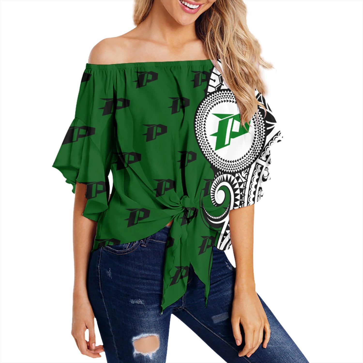 (Personalised) Hawaii - Pahoa High Tribal Kakau Off Shoulder Waist Wrap Top AH Female Green - Polynesian Pride