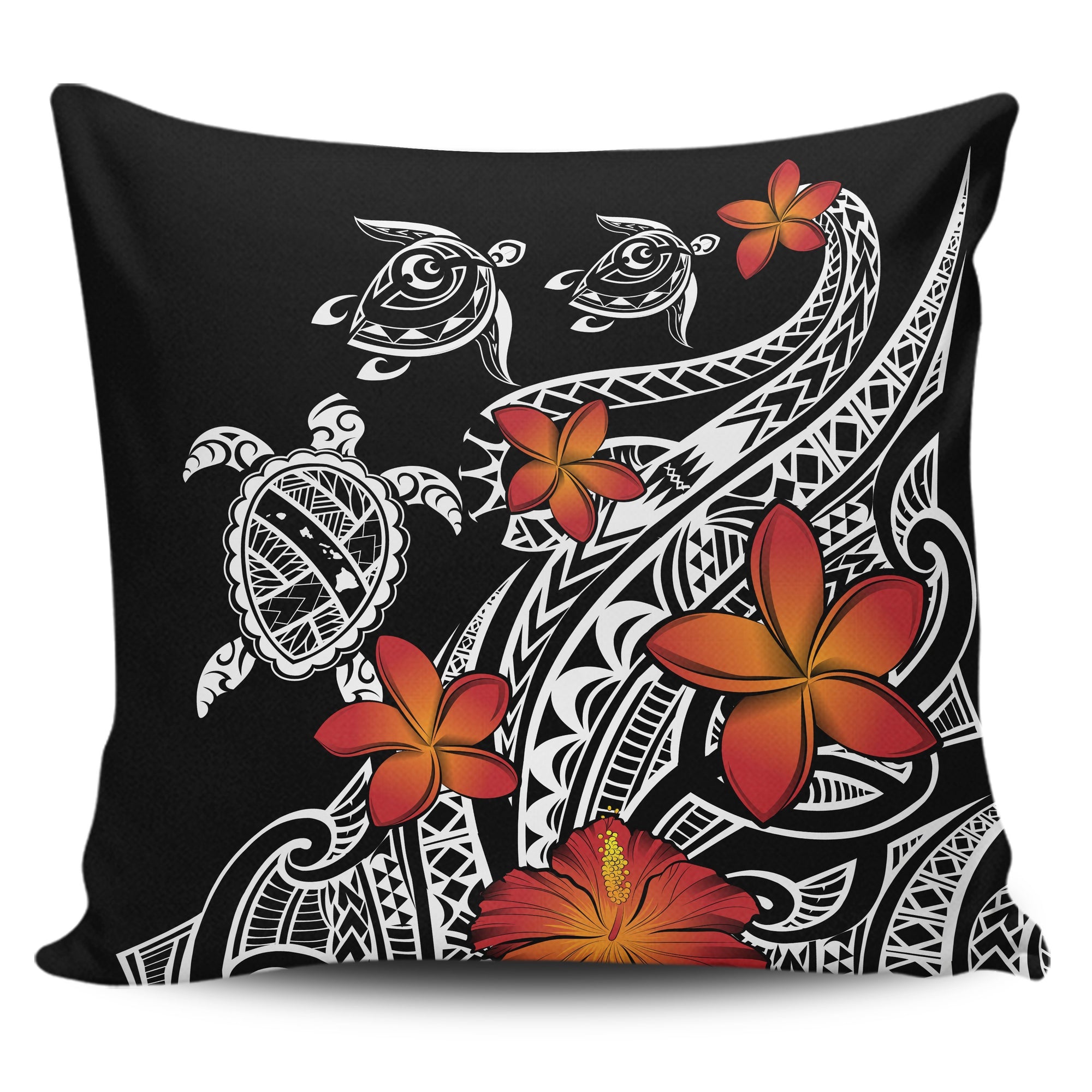 Hawaiian Map Turtle Swim Plumeria Polynesian Pillow Covers One Size Black - Polynesian Pride