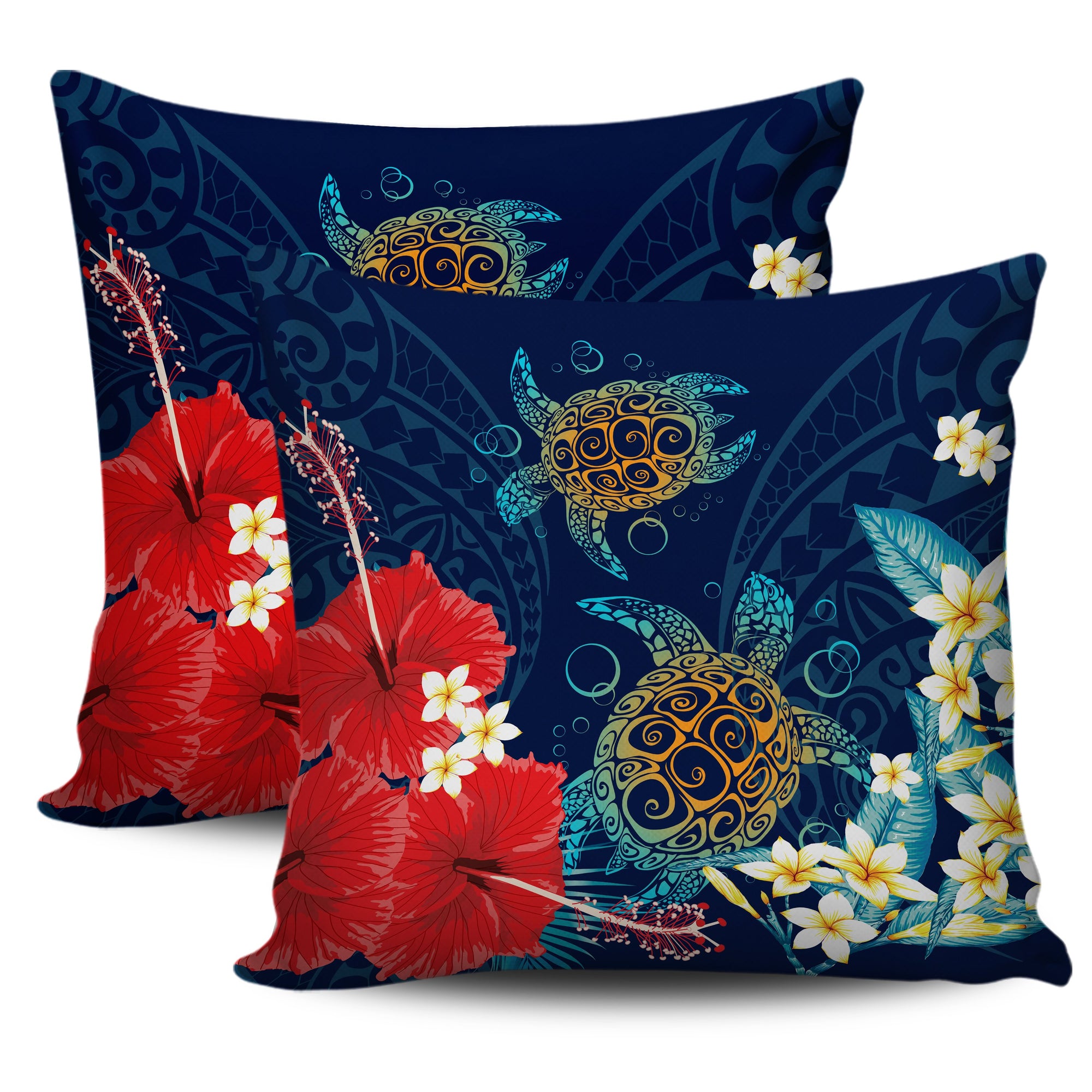 Hawaiian Turtle Hibiscus Polynesian Pillow Covers - Blue - Edna Style - AH One Size Blue - Polynesian Pride