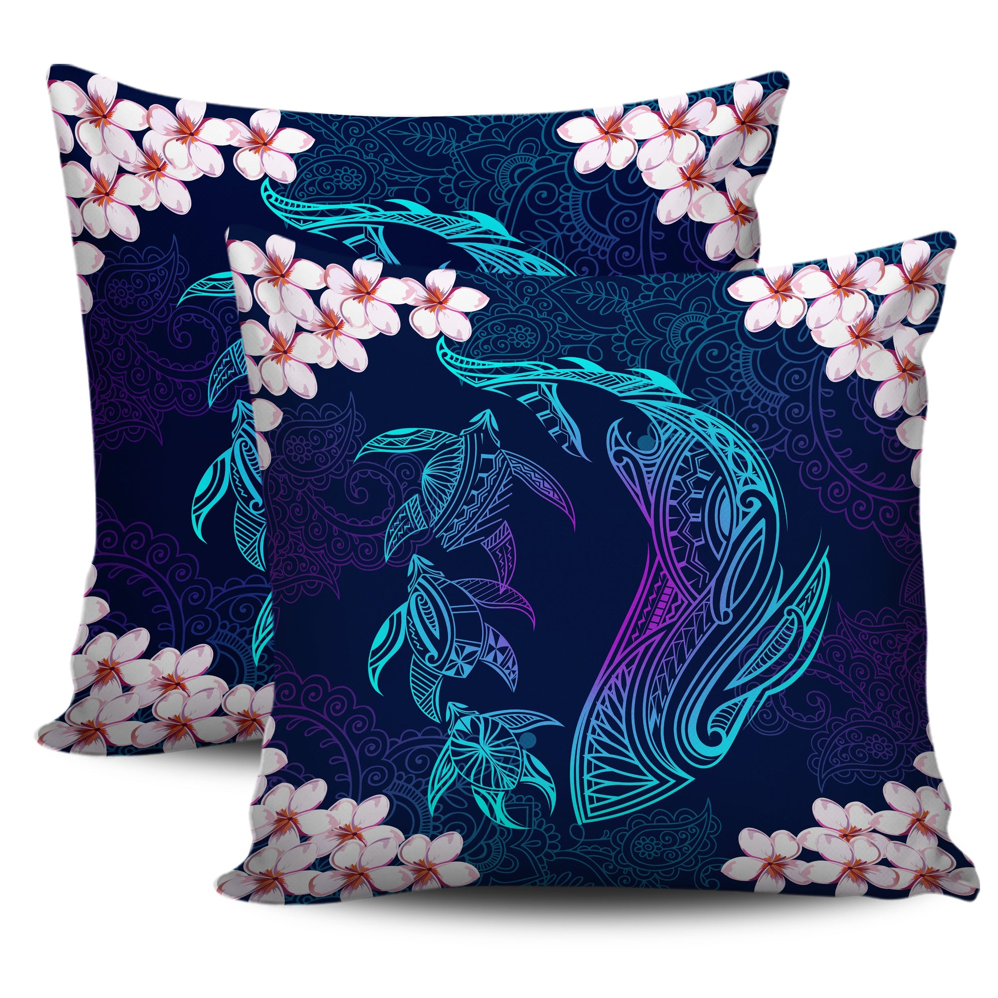 Hawaiian Shark Turtle Plumeria Pillow Covers - Black - Zelda Style - AH One Size Black - Polynesian Pride