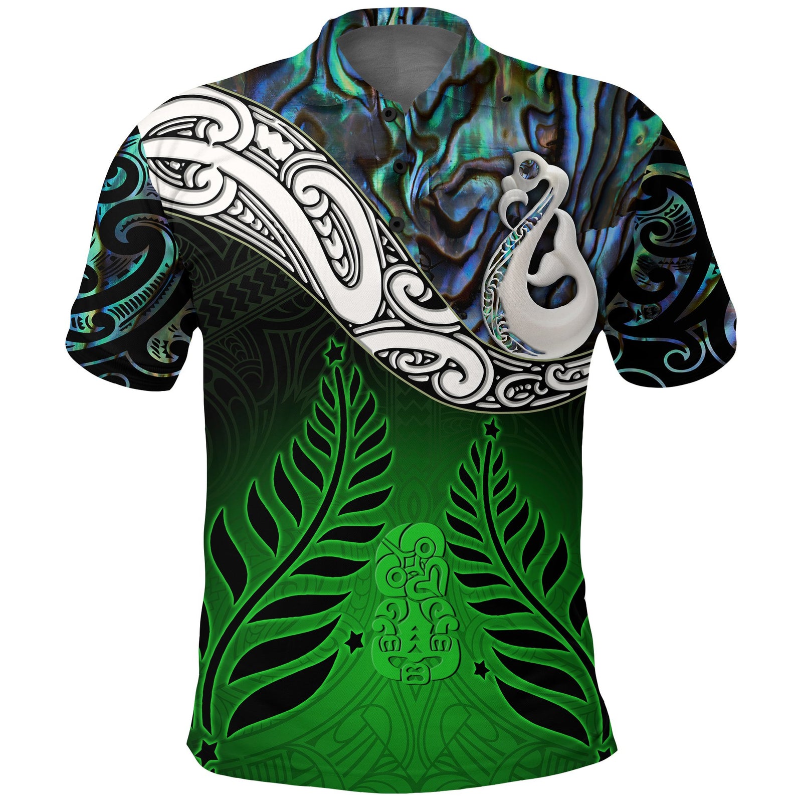 New Zealand Maori Polo Shirt - Manaia Paua Shell Glitter Green LT4 Green - Polynesian Pride