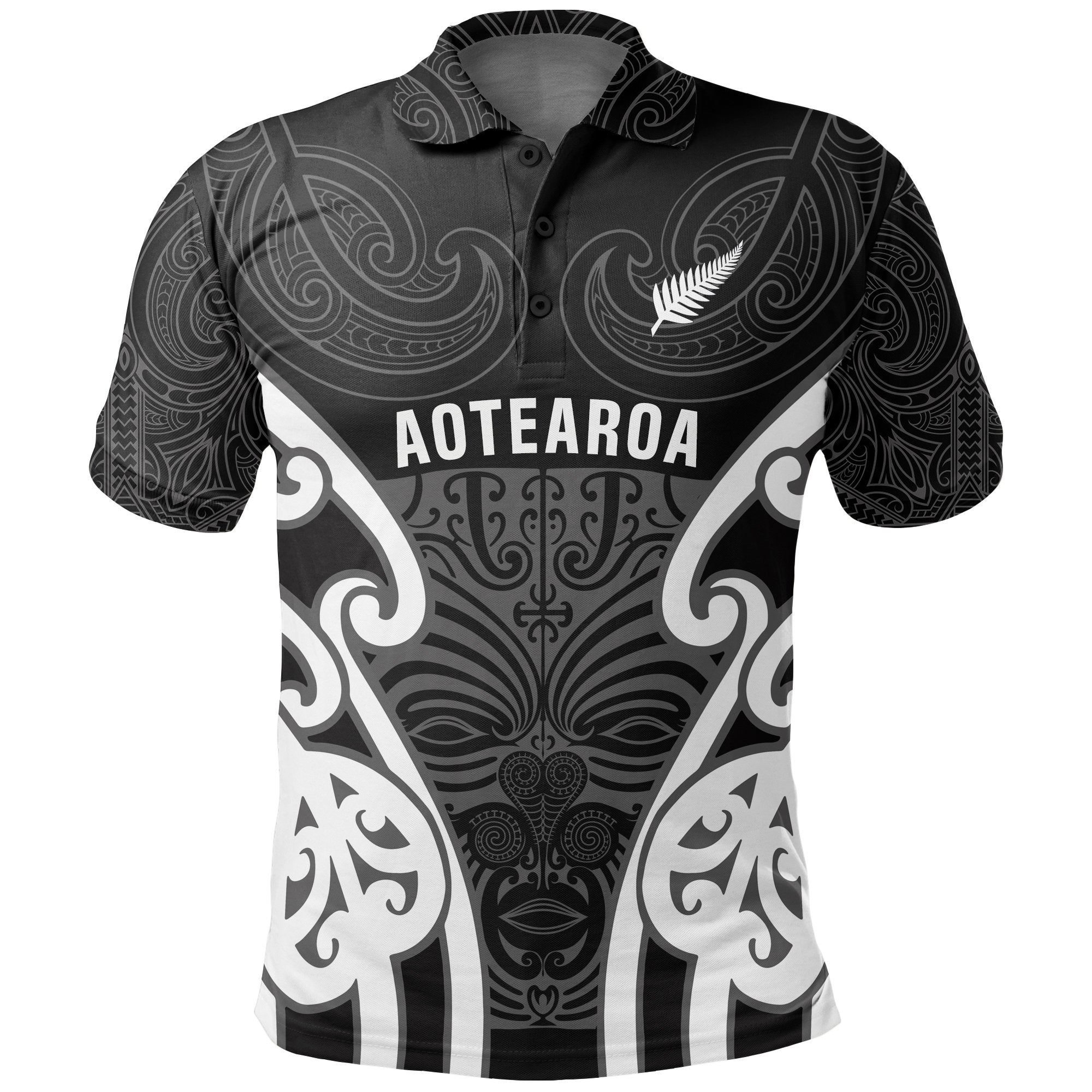 New Zealand Maori Moko Polo Shirt Aotearoa Silver Fern Unisex Black - Polynesian Pride