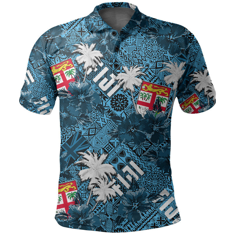 Fiji Hibiscus Polo Shirt Hawaii Style No.1 LT6 Blue - Polynesian Pride