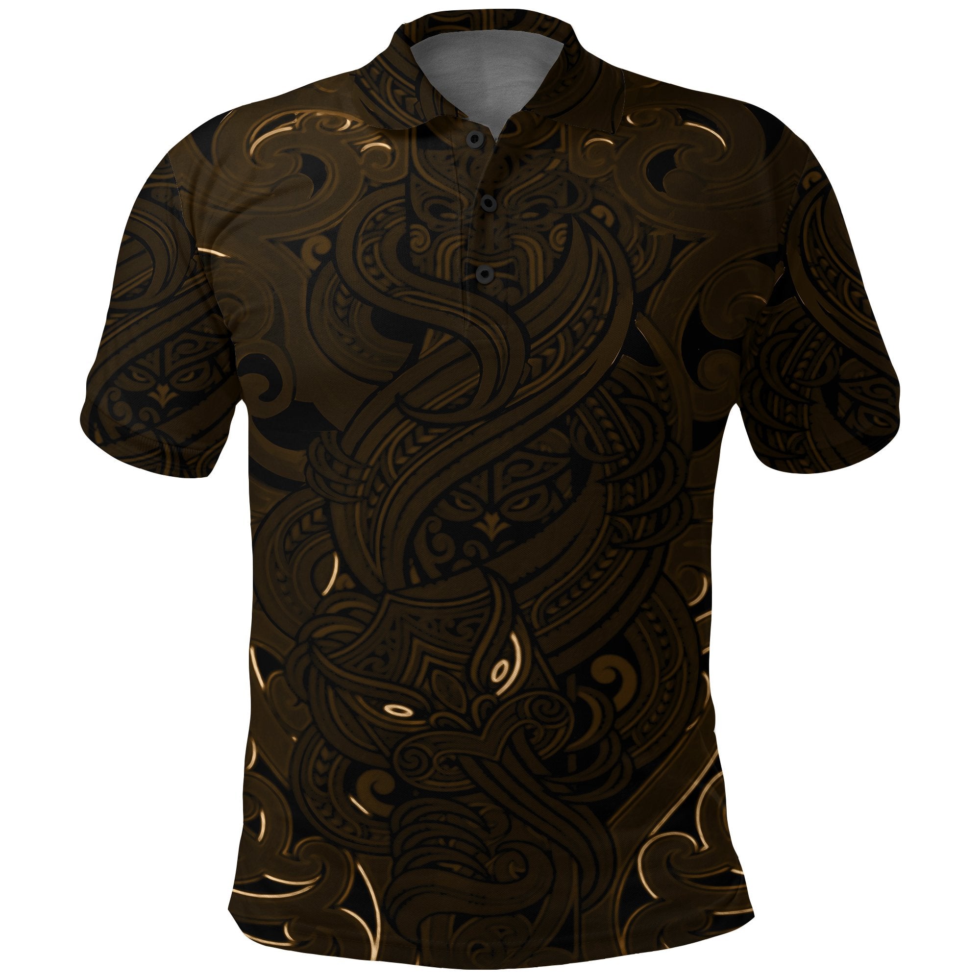 New Zealand Polo Shirt, Maori Gods Golf Shirt, Tumatauenga (God of War) Gold Unisex Black - Polynesian Pride