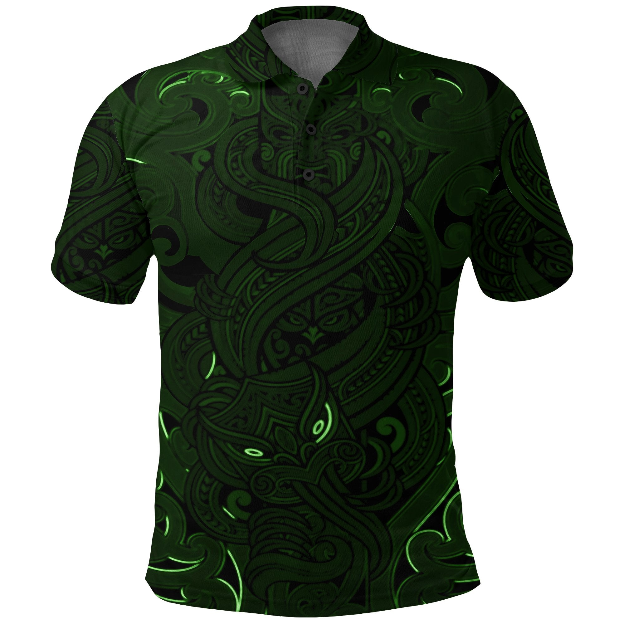 New Zealand Polo Shirt, Maori Gods Golf Shirt, Tumatauenga (God of War) Green Unisex Black - Polynesian Pride