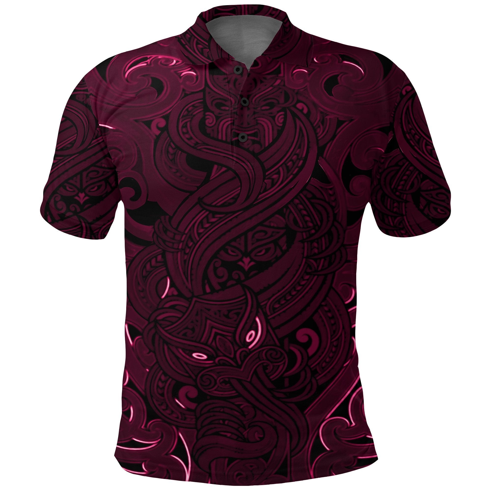 New Zealand Polo Shirt, Maori Gods Golf Shirt, Tumatauenga (God of War) Pink Unisex Black - Polynesian Pride