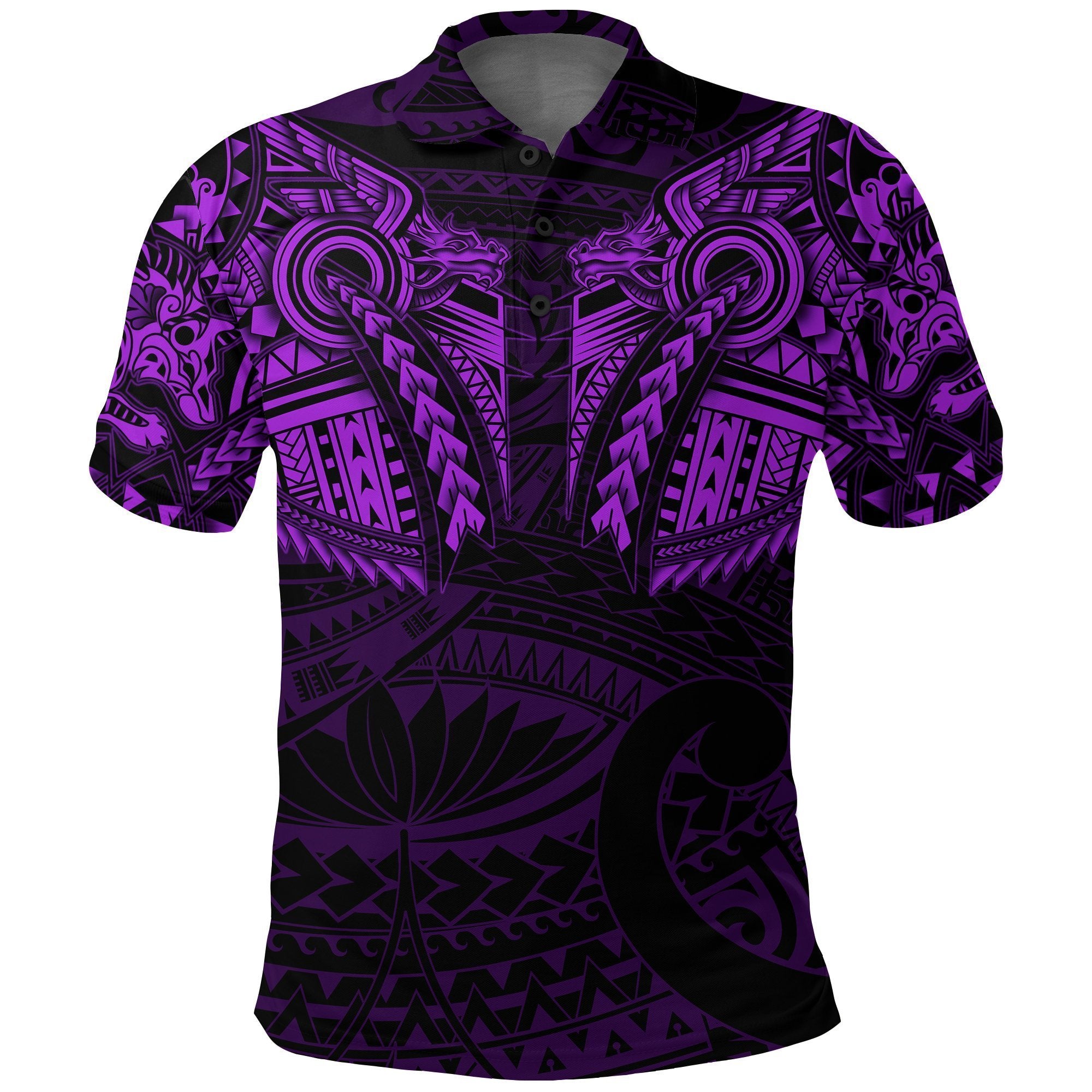 New Zealand Polo Shirt, Maori Tattoo Wolf Dragon Golf Shirt Purple Unisex Black - Polynesian Pride