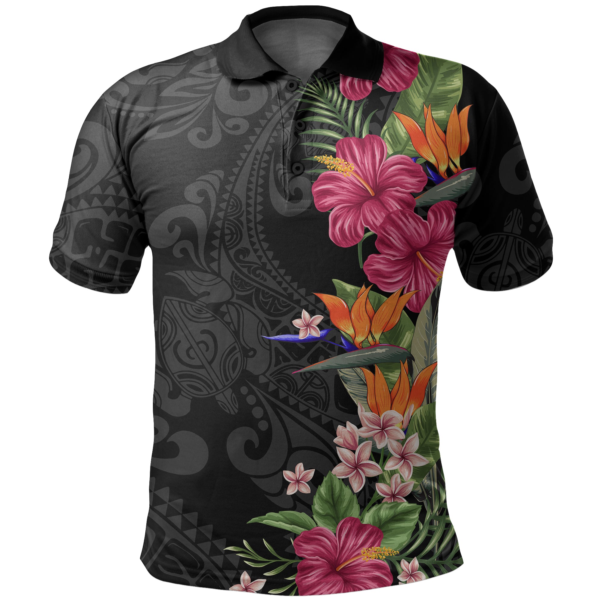 Hawaii Flowers Mix Tribal Pattern Polo Shirt LT6 Adult Art - Polynesian Pride