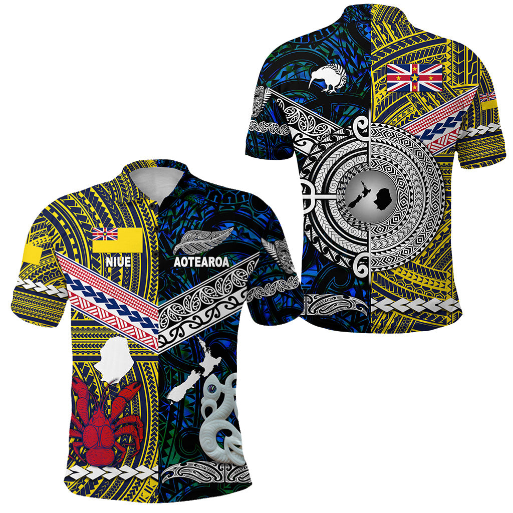 New Zealand Niue Polo Shirt Maori and Polynesian Together Blue LT8 Yellow - Polynesian Pride